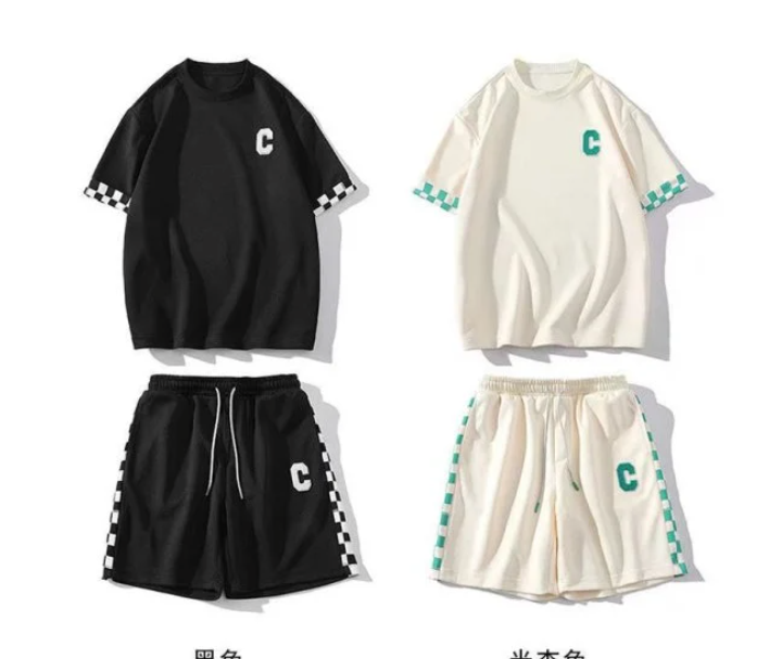 Matching T-Shirt and Shorts Set with Checkered Trim and C Patch Detail 1