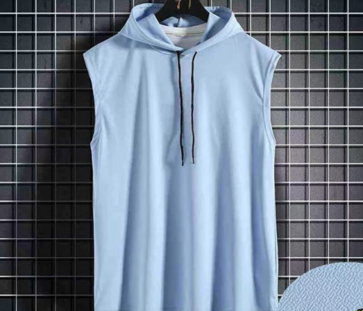 Men's Sleeveless Hooded Top - Light Blue Drawstring Vest Hoodie 1