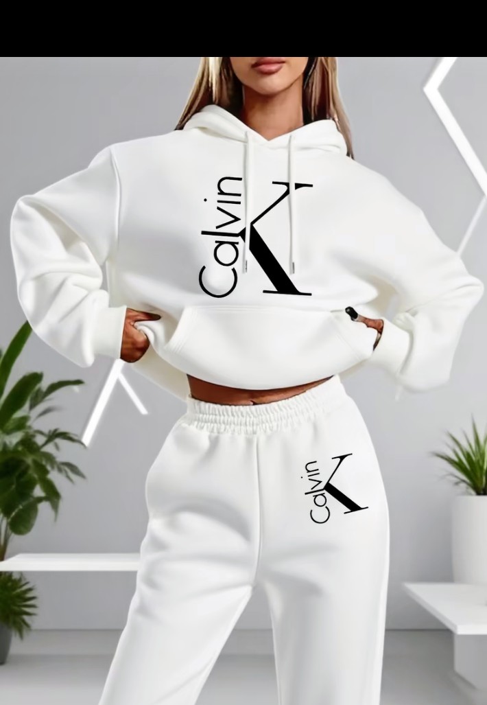 White Cropped Hoodie and Sweatpants Two-Piece Set 1