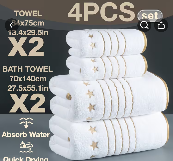4Pcs White Towel Set with Gold Star Embroidery - 2 Bath 2 Hand Towels 1