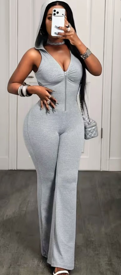 Grey Sleeveless Hooded Zip-Up Jumpsuit with Flared Legs 1