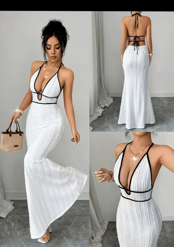 White Halter Neck Backless Maxi Dress with Black Trim 1