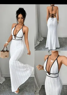 White Halter Neck Backless Maxi Dress with Black Trim 1