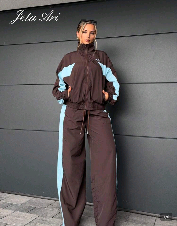 Brown and Blue Color-Block Two-Piece Tracksuit Set 1