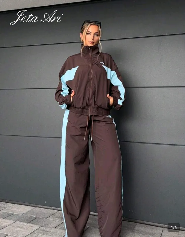 Brown and Blue Color-Block Two-Piece Tracksuit Set 1
