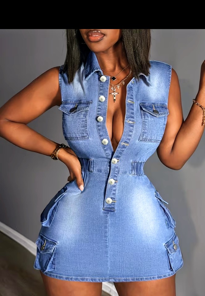 Sleeveless Denim Button-Front Cargo Mini Dress 1