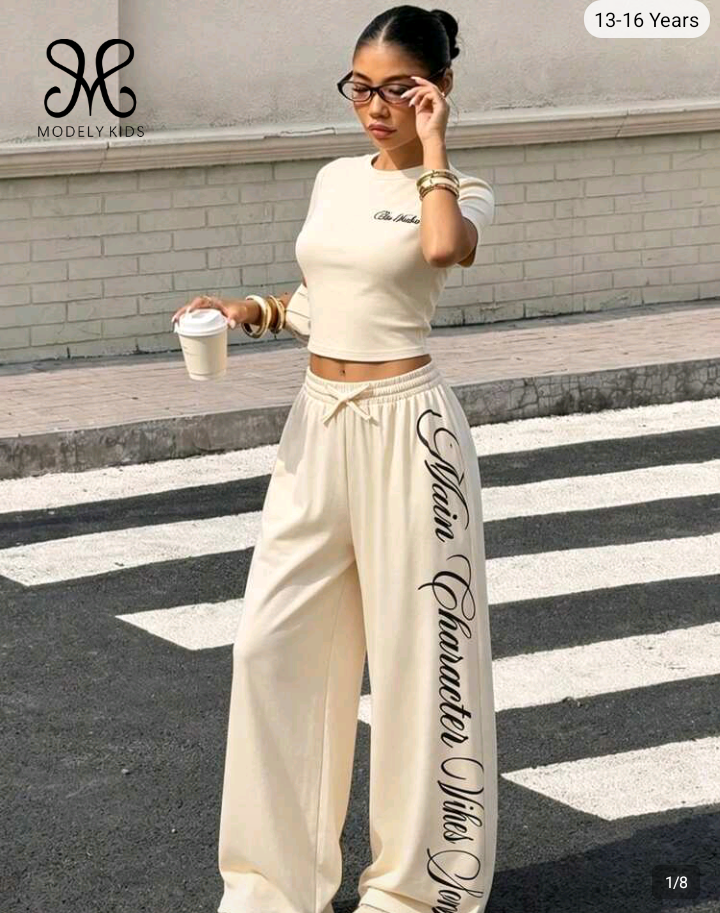 Cream Crop Top and Wide Leg Pants Two-Piece Set for Teens 1