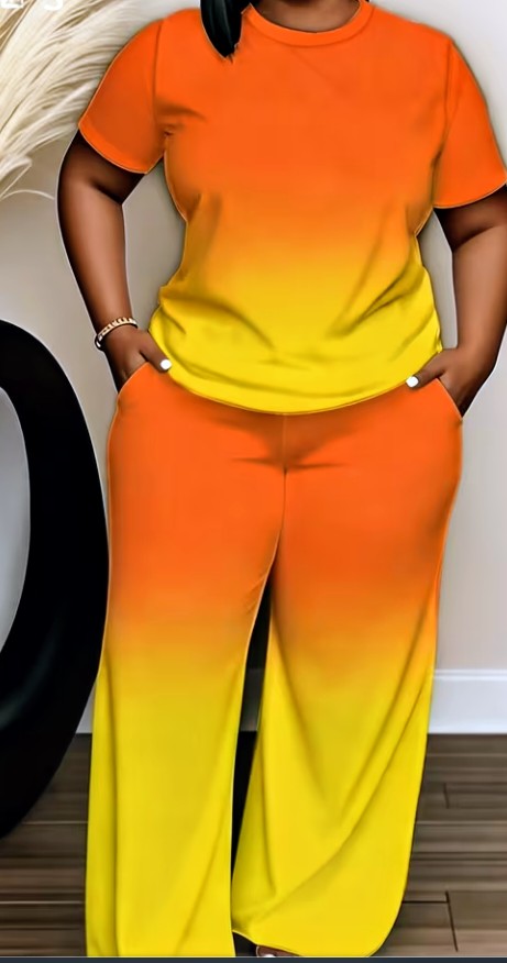 Orange to Yellow Ombre Two-Piece Top and Wide Leg Pants Set 1