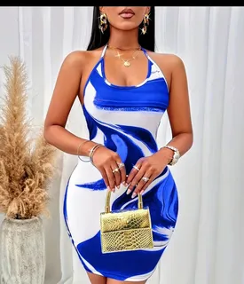 Blue and White Swirl Print Halter Neck Bodycon Dress 1