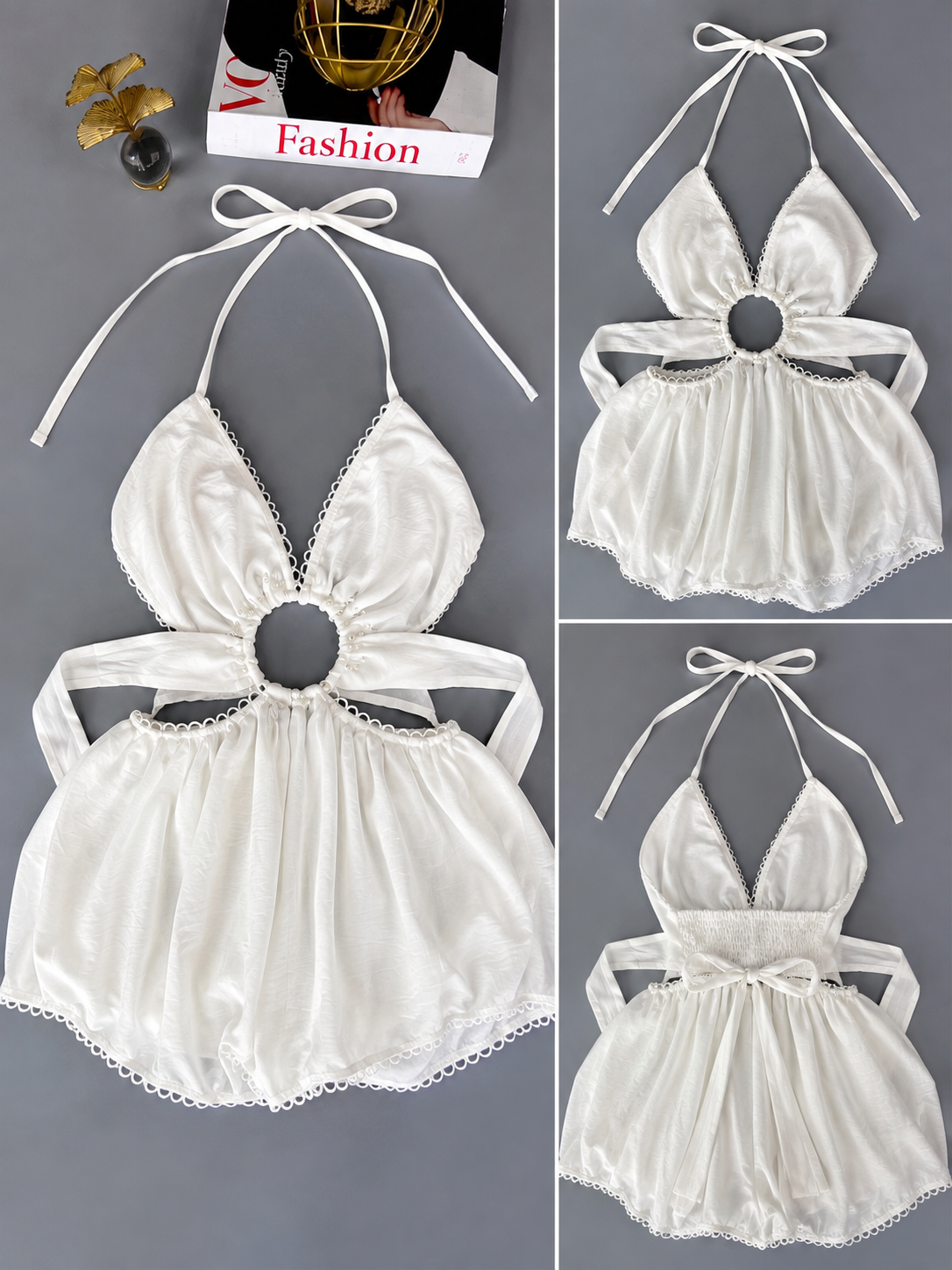 White Satin Halter Babydoll Top with Ring Cutout 1