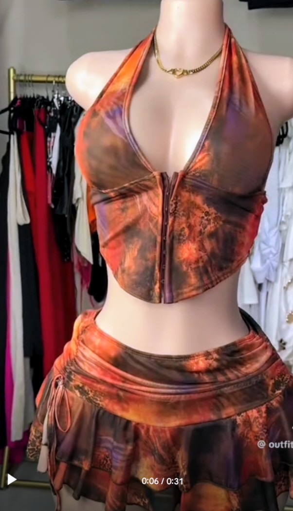 Tie-Dye Halter Crop Top and Mini Skirt Set with Zipper Detail 1