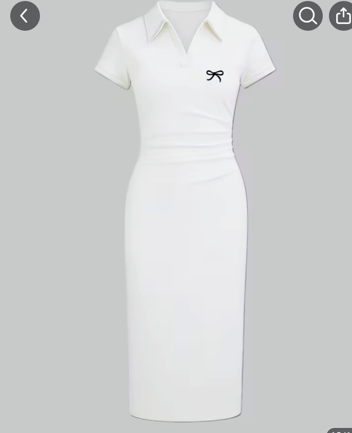 White Collared Short-Sleeve Midi Dress with Bow Detail 1