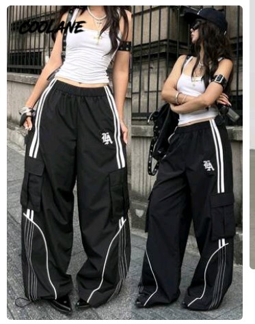 Black Wide-Leg Cargo Pants with White Side Stripes 1