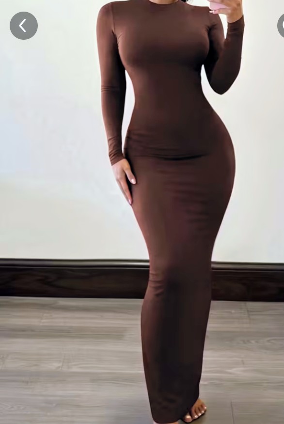 Brown Long-Sleeve Bodycon Maxi Dress 1