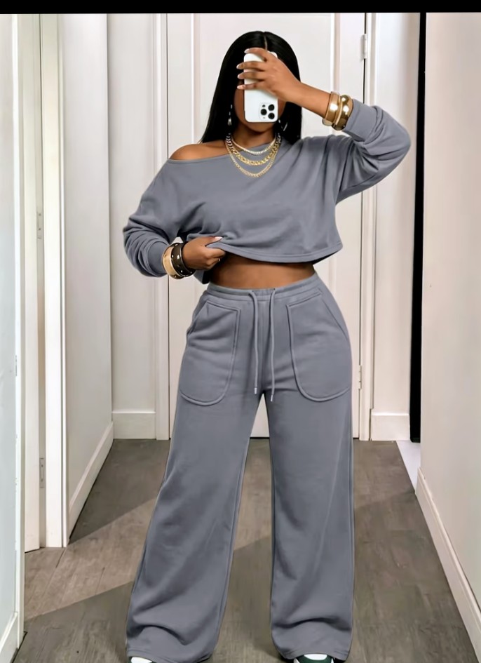 Grey Off-Shoulder Crop Top and Wide-Leg Sweatpants Set 1