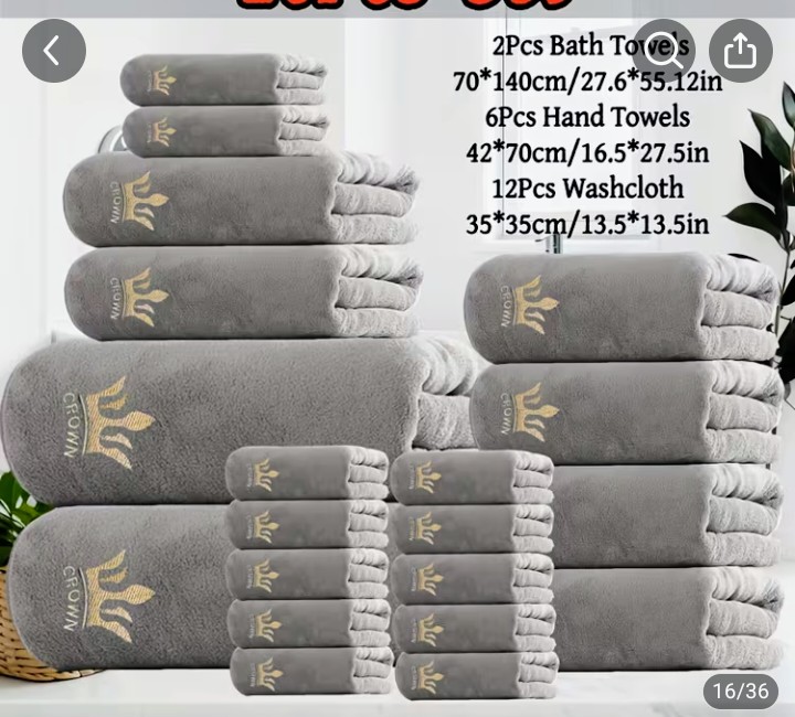 Grey Towel Set with Gold Crown Embroidery - Bath, Hand, Washcloth 1