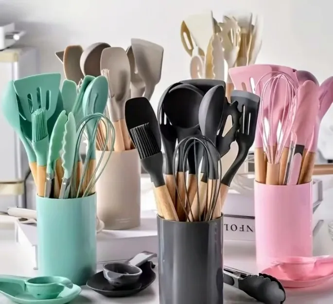 Silicone Kitchen Utensil Set with Wooden Handles and Holder 1