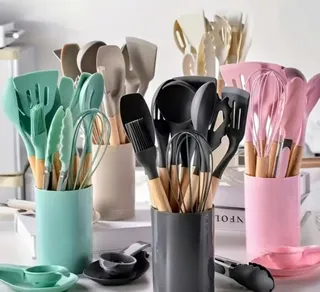 Silicone Kitchen Utensil Set with Wooden Handles and Holder
