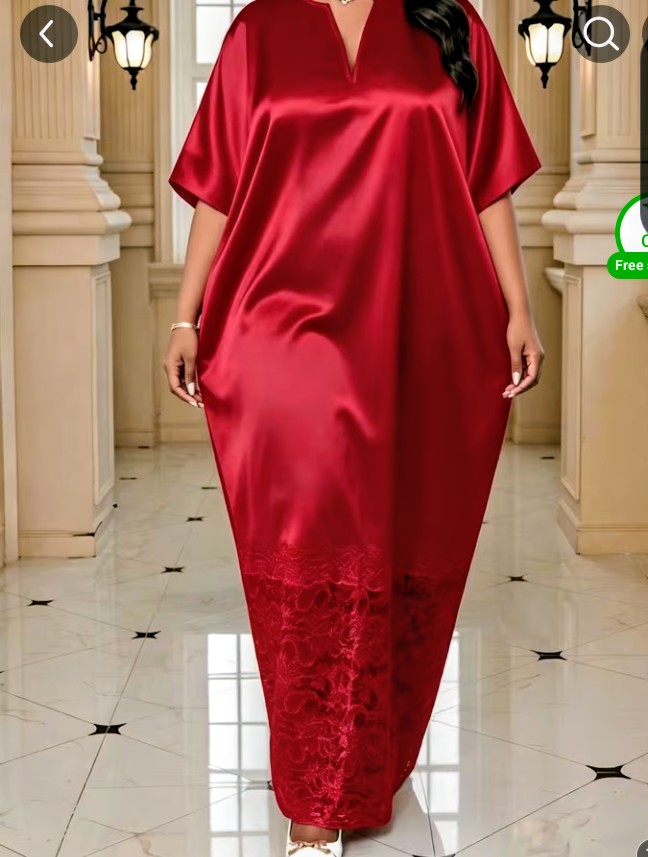 Red Satin Long Dress with Lace Hem Detail 1
