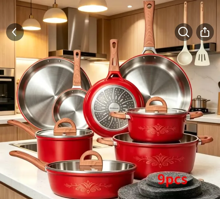 9pcs Red Nonstick Cookware Set with Wooden Handles 1
