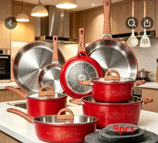 9pcs Red Nonstick Cookware Set with Wooden Handles 1