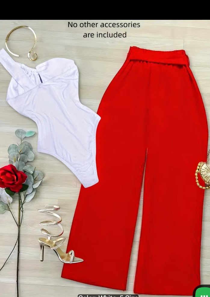 White One-Shoulder Bodysuit with Red Wide-Leg Pants Set