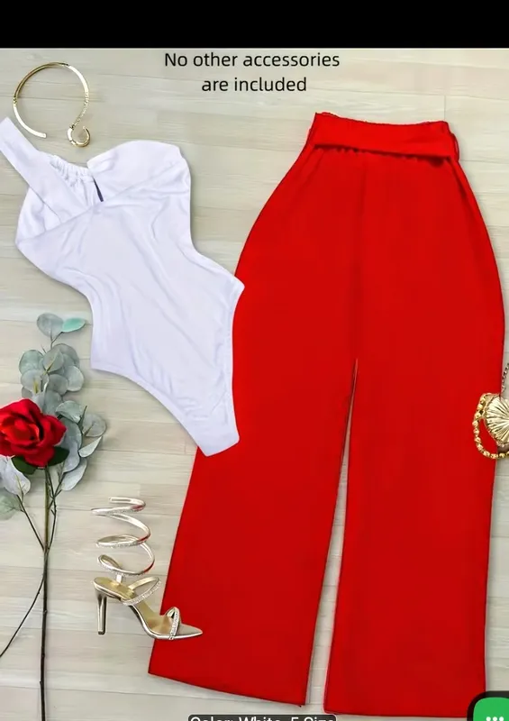 White One-Shoulder Bodysuit with Red Wide-Leg Pants Set 1