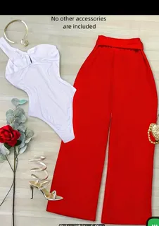 White One-Shoulder Bodysuit with Red Wide-Leg Pants Set