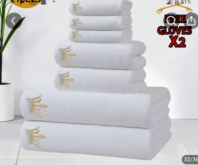 White Towel Set with Gold Crown Embroidery 1