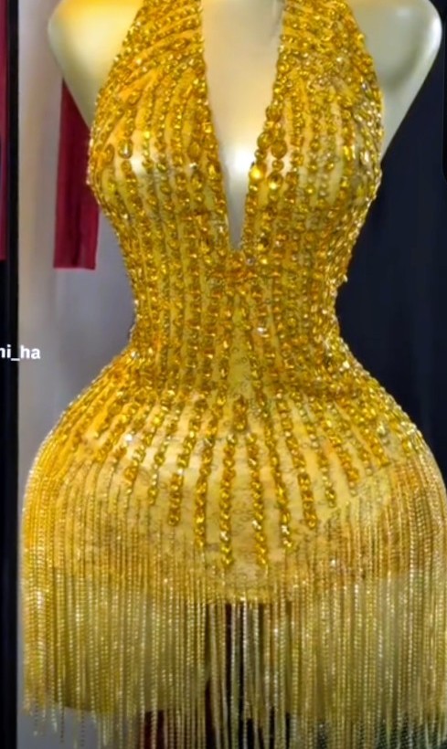 Gold Beaded Halter Mini Dress with Fringe Hem 1
