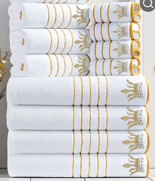 White Towel Set with Gold Crown Embroidery Design (GHS) 1