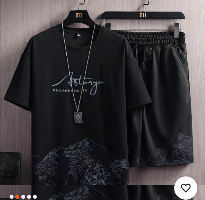 Black Graphic T-Shirt and Shorts Matching Set with Mountain Print 1