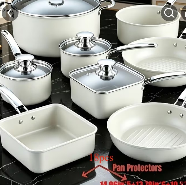 White Cookware Set with Glass Lids and Steel Handles - 18pcs Pan Protectors, Pans, Kitchenware, Nonstick Set 1