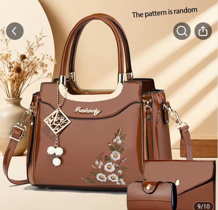 Brown Patent Leather Handbag Set with Floral Embroidery, 3-Piece 1