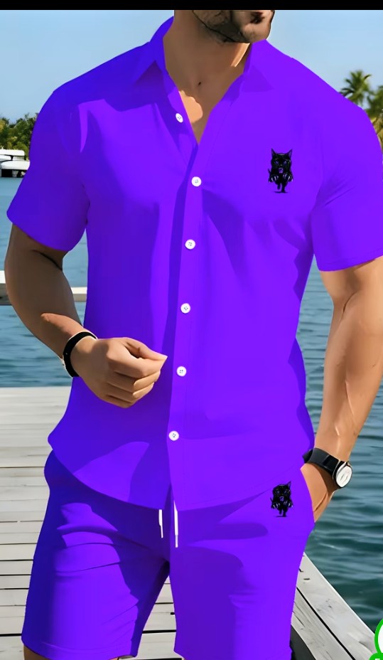 Men's Purple Matching Shirt and Shorts Set with Cat Logo 1