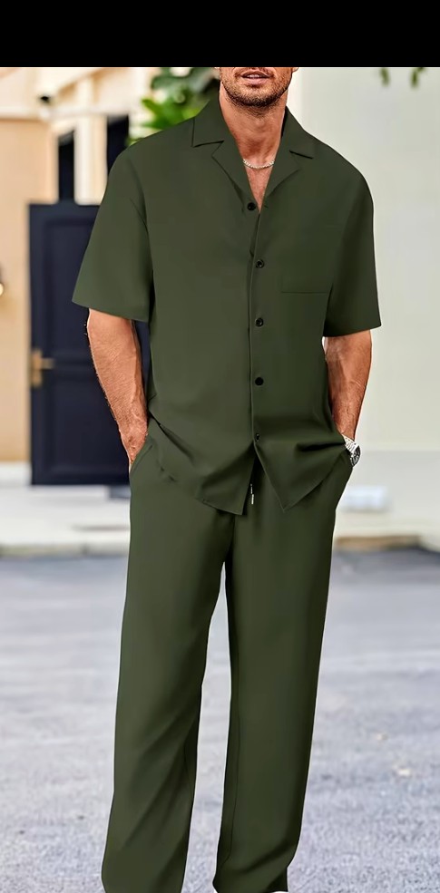 Men's Olive Green Short Sleeve Shirt and Trousers Set 1