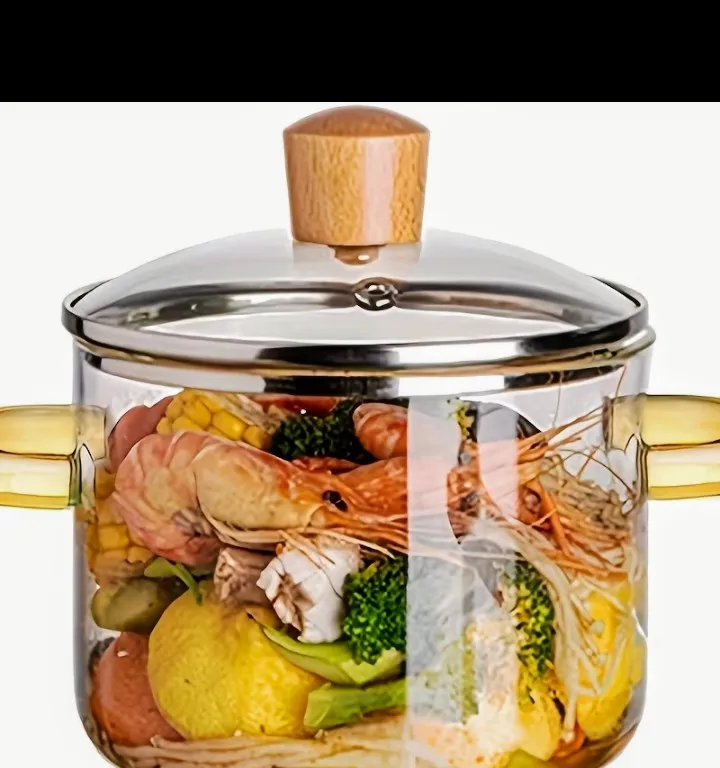 Glass Stock Pot with Wooden Knob Lid and Handles 1