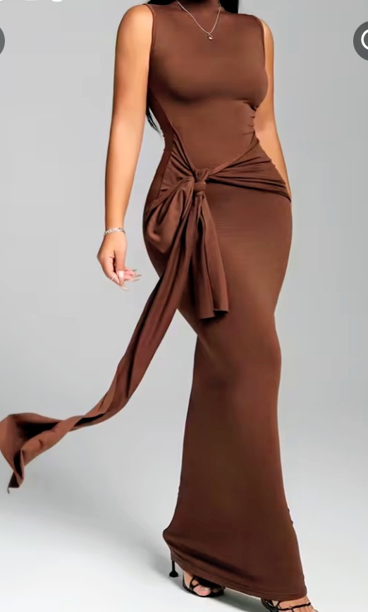 Brown Sleeveless Bodycon Maxi Dress with Waist Tie 1