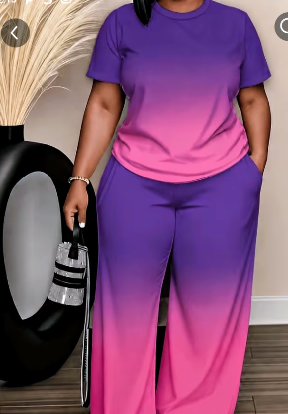 Purple Pink Ombre Two-Piece Top and Wide-Leg Pants Set 1