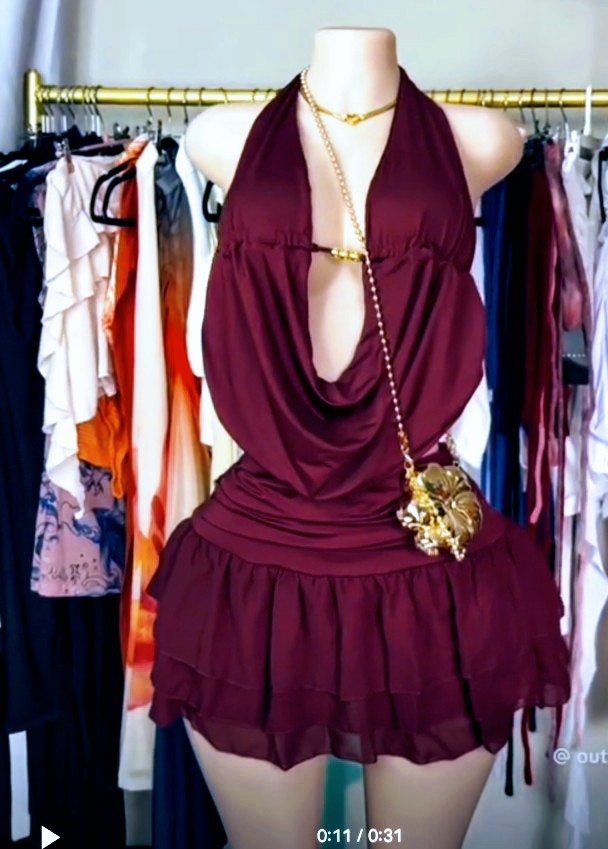 Burgundy Halter Neck Ruffled Mini Dress 1