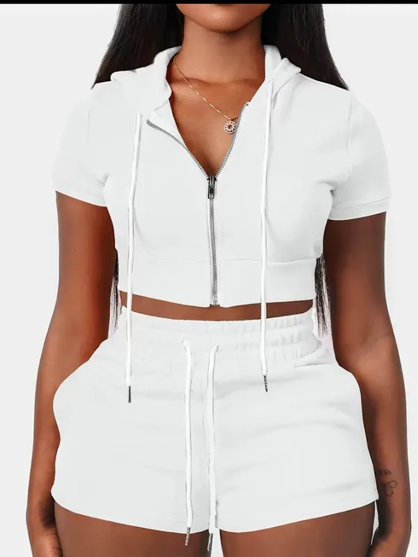 White Cropped Zip-Up Hoodie and Shorts Two-Piece Set 1