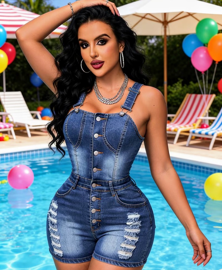 Denim Button-Front Romper with Distressed Shorts 1
