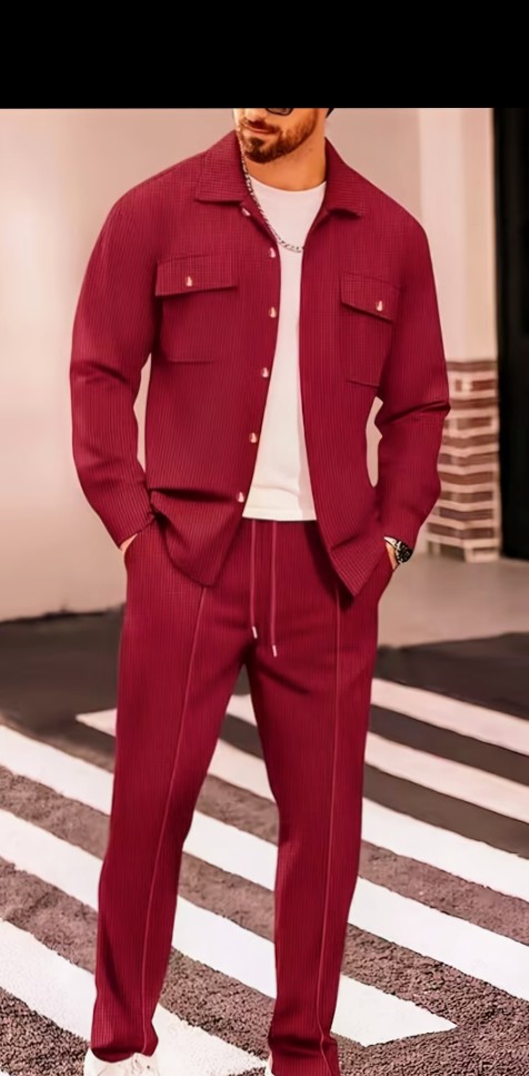 Men's Burgundy Two-Piece Shirt Jacket and Trouser Set 1