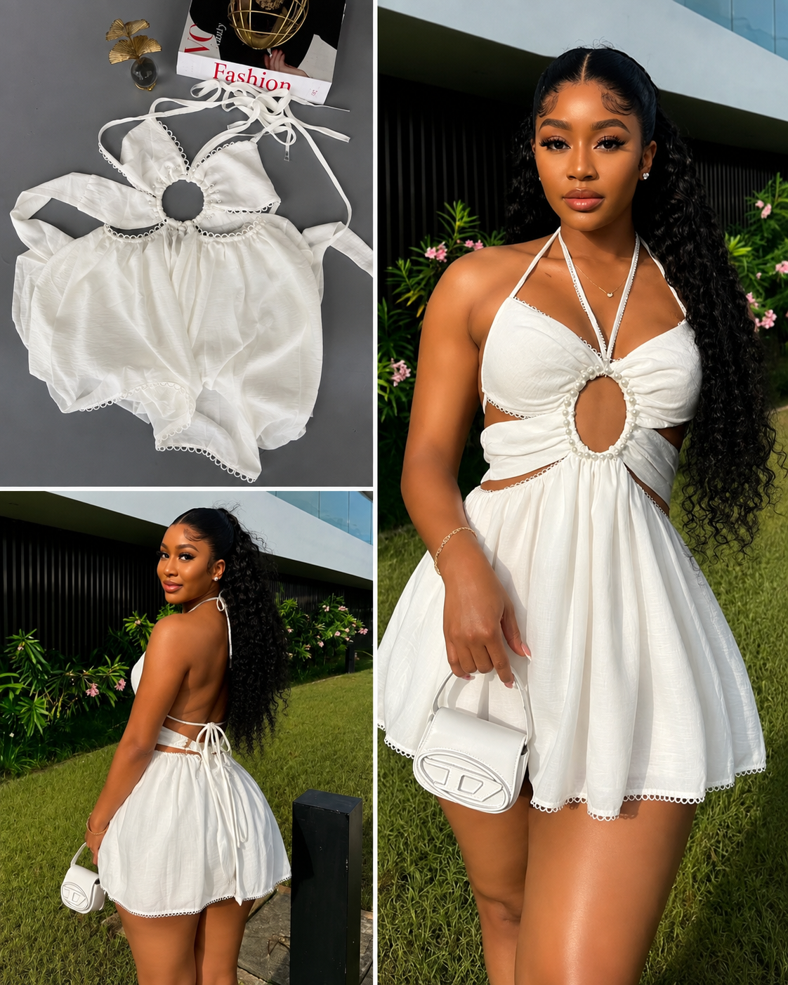 White Halter Mini Dress with Pearl Cutout Detail 1
