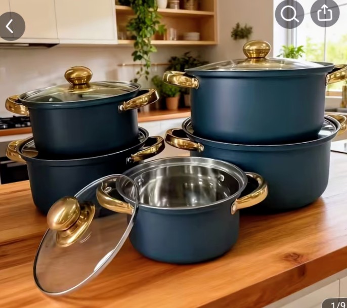Navy Blue Cookware Set with Gold Handles and Glass Lids 1