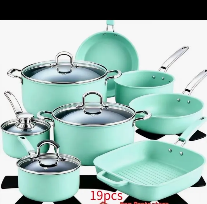 19pcs Mint Green Nonstick Cookware Set with Glass Lids and Pans 1