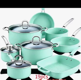 19pcs Mint Green Nonstick Cookware Set with Glass Lids and Pans