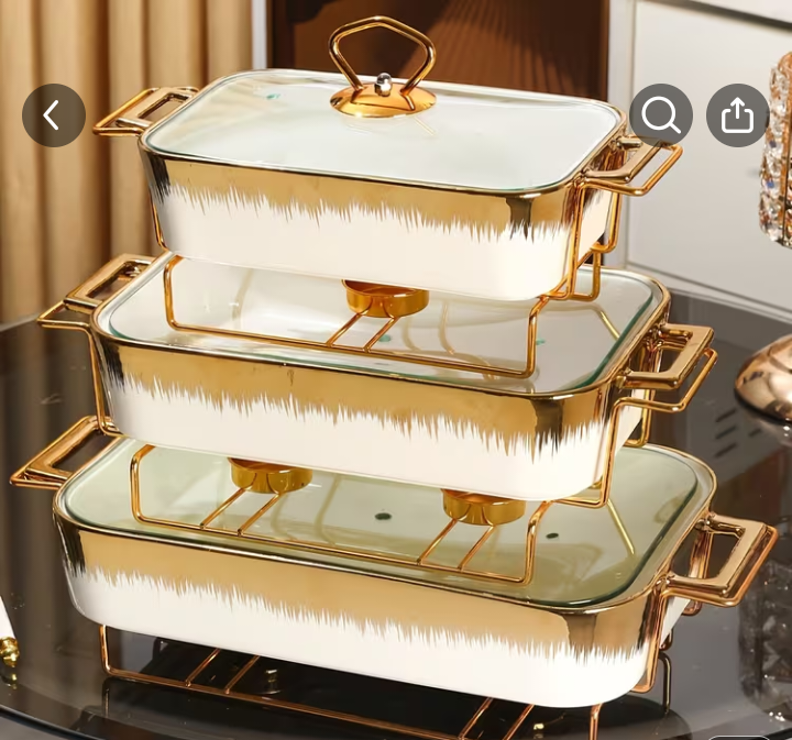 Ceramic Serving Dishes with Gold Stands - Set of 3 1