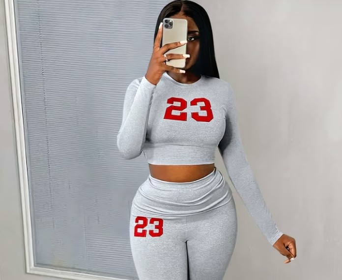 Grey Two-Piece Crop Top and Leggings Set with Red 23 Print 1