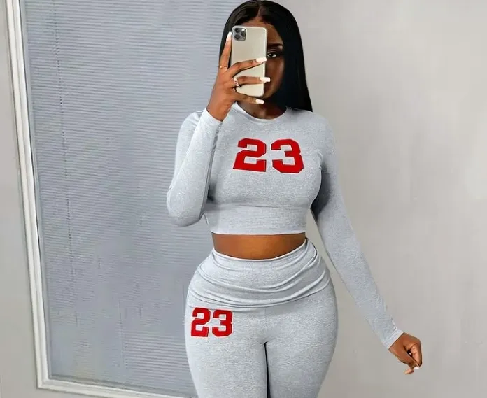 Grey Two-Piece Crop Top and Leggings Set with Red 23 Print 1